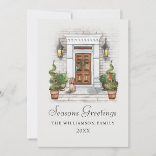 Seasons Greetings Watercolor House and Dog Holiday Card