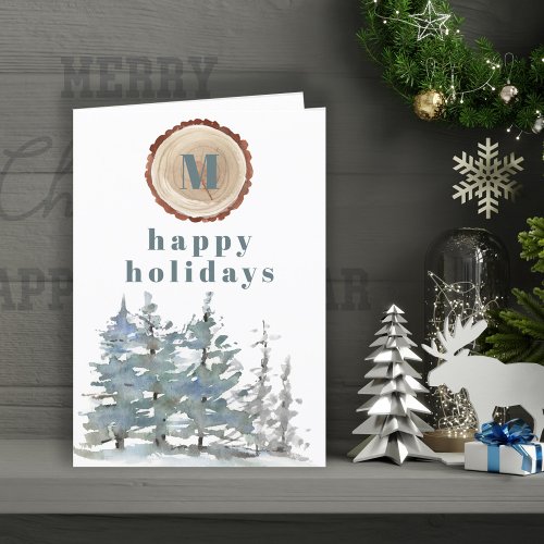 Seasons greetings watercolor pines LOGO corporate Holiday Card