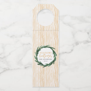 Seasons greetings watercolor stripe holiday bottle hanger tag