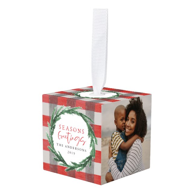 Seasons greetings watercolor wreath + check photo cube ornament (Front Angled)