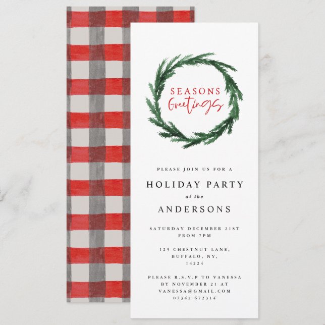 Seasons greetings watercolor wreath holiday invitation (Front/Back)
