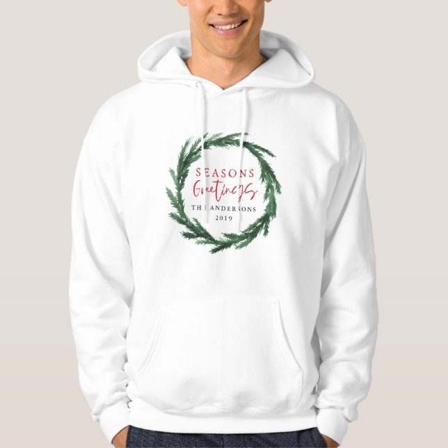 Seasons greetings watercolor wreath modern holiday hoodie (Front)