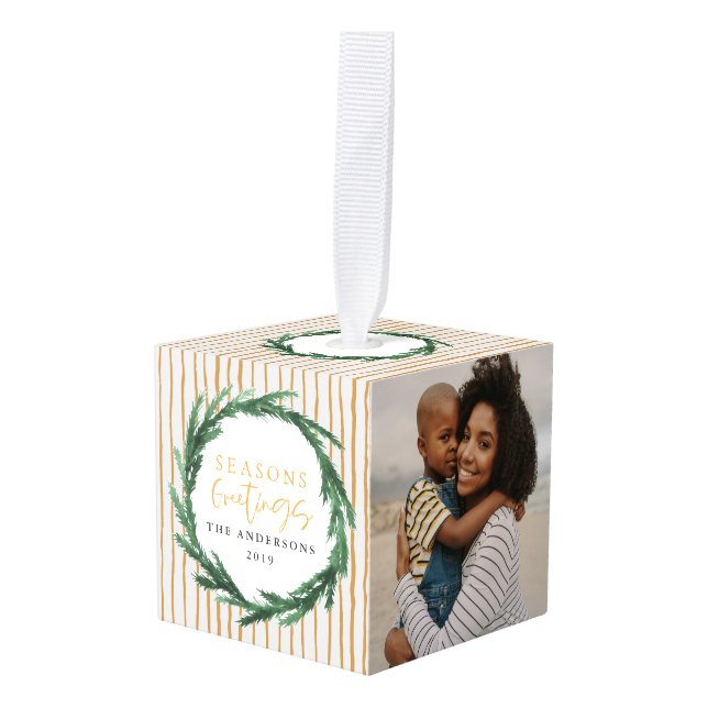 Seasons greetings watercolor wreath + stripe photo cube ornament (Front Angled)