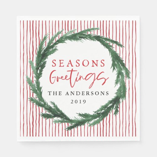 Seasons greetings watercolor wreath  tartan napkins