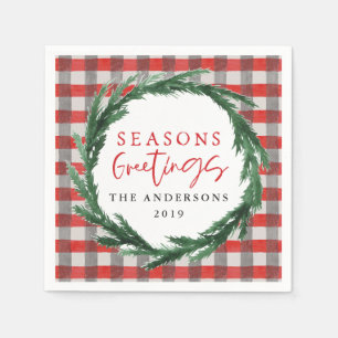 Seasons greetings watercolor wreath + tartan napkins