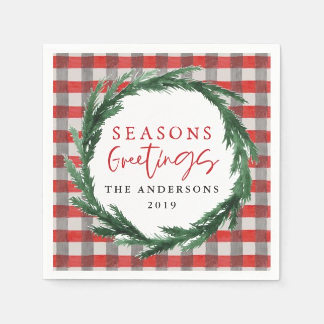 Seasons greetings watercolor wreath + tartan napkins (Front)