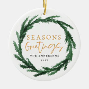 Seasons greetings watercolour wreath ceramic ornament