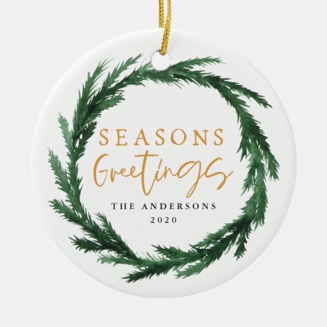 Seasons greetings watercolour wreath ceramic ornament (Front)