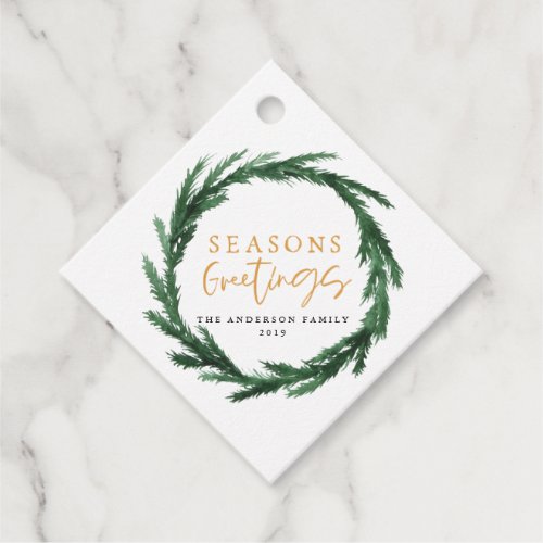 Seasons greetings watercolour wreath holiday card favor tags