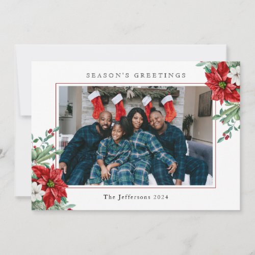 Seasons Greetings White Custom Photo Christmas Holiday Card