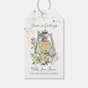 Season's Greetings White Poinsettia Family Name Gift Tags