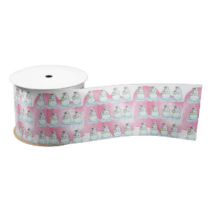 Seasons Greetings, White Snowman Pink Satin Ribbon