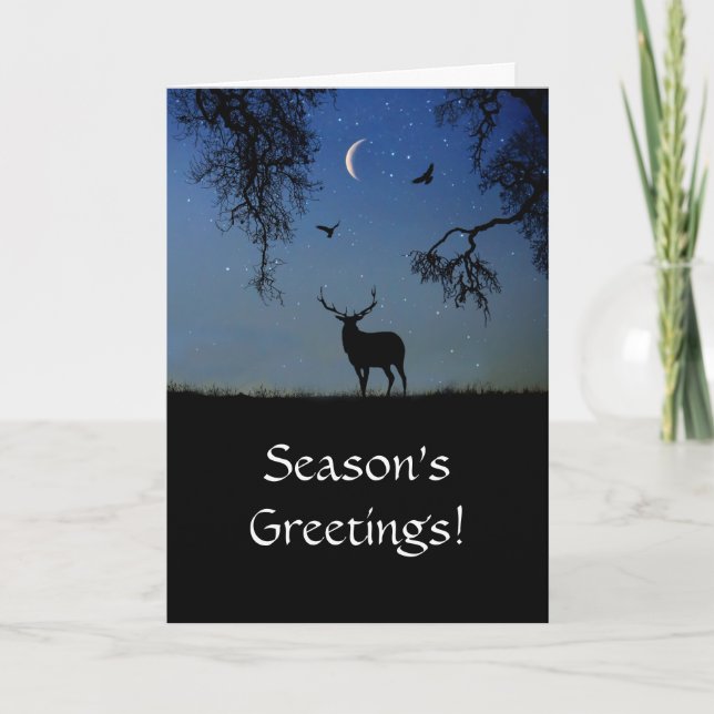 Seasons Greetings Wildlife Elk Raven Holiday Card (Front)