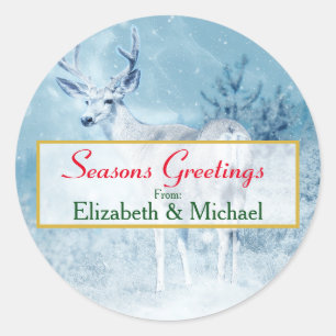 Seasons Greetings Winter Deer and Pine Trees Classic Round Sticker