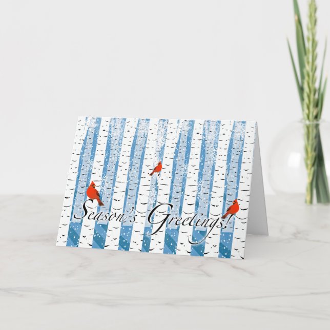 Season's Greetings with Cardinals and Birch Trees Holiday Card (Front)