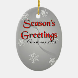 Season's Greetings with Snowflakes on Silver Ceramic Ornament