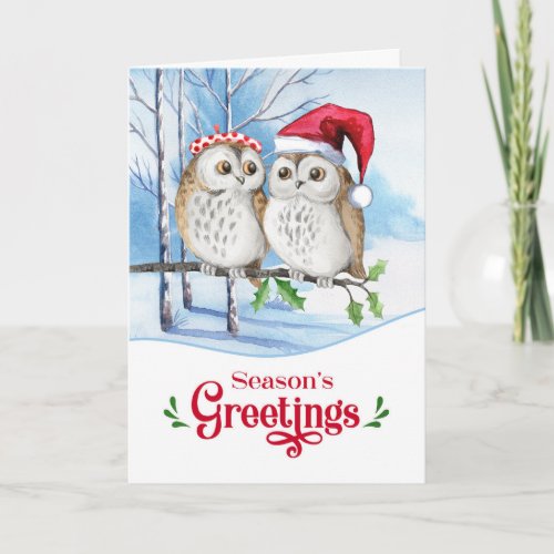 Seasons Greetings Woodland Owl Couple Holiday Card