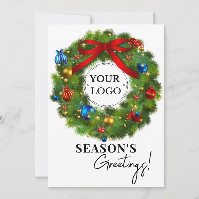Season's Greetings Wreath Business Logo Holiday Card (Front)