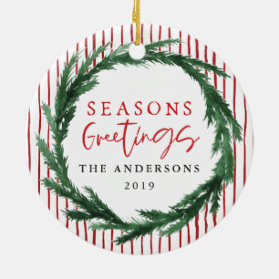 Seasons greetings wreath + stripe Christmas photo Ceramic Ornament