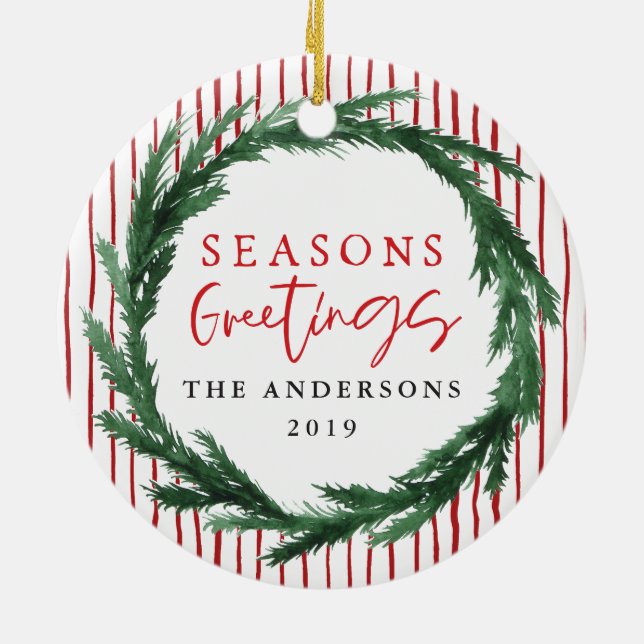 Seasons greetings wreath + stripe Christmas photo Ceramic Ornament (Back)