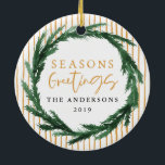 Seasons greetings wreath   stripe Christmas photo Ceramic Ornament<br><div class="desc">Seasons greetings wreath   stripe Christmas photograph design. Background color can be changed.</div>