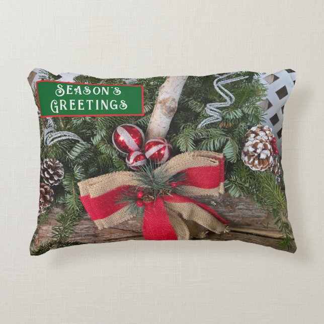 Season's Greetings Yule Log Greenery Ornaments Accent Pillow (Front)