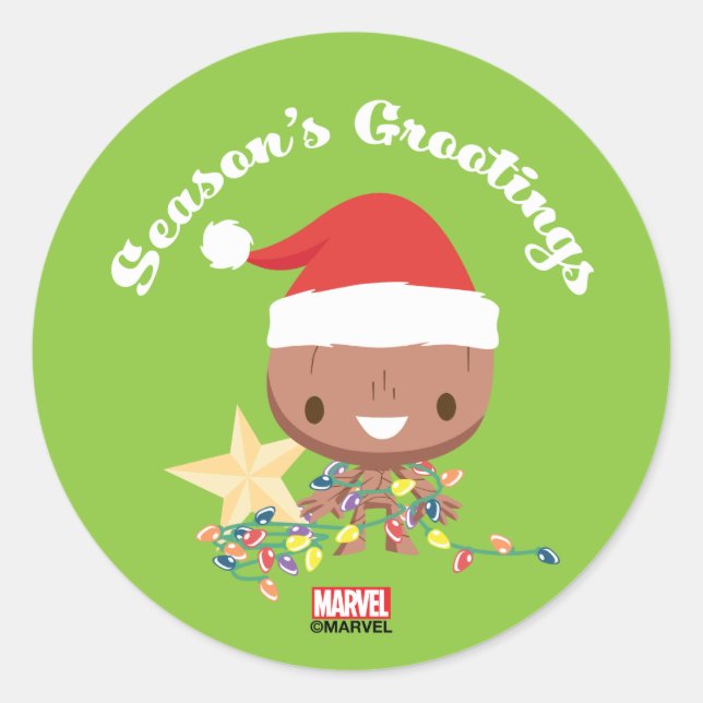 Season's Grootings Holiday Lights Groot Classic Round Sticker (Front)
