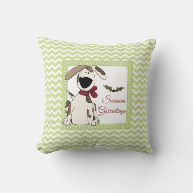 Seasons Grrreetings Dog w/green chevron background Throw Pillow (Front)