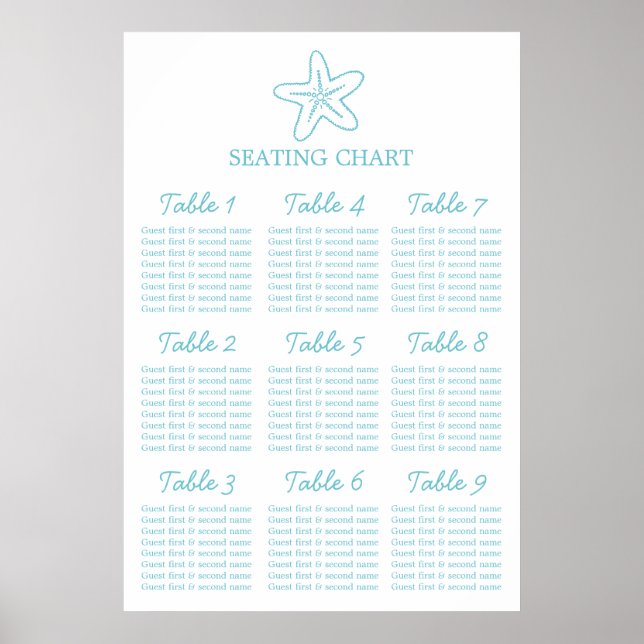 Seastar starfish Wedding Seating Table Planner 1-9 Poster (Front)