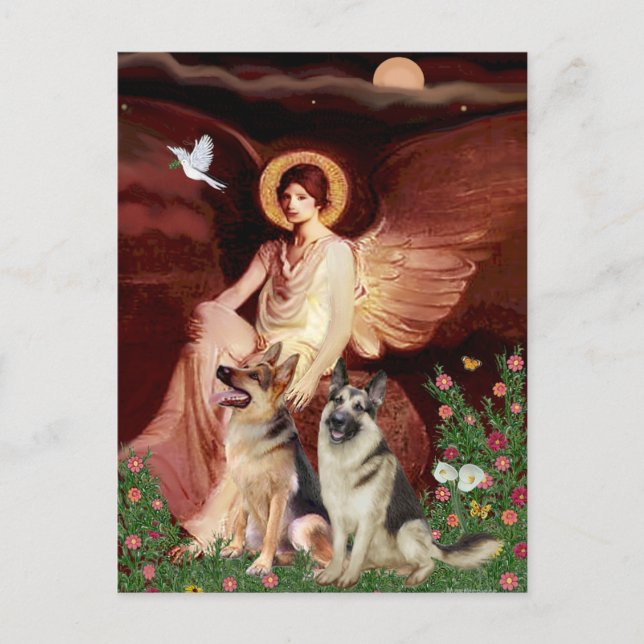 Seated Angel - Two German Shepherds Postcard (Front)