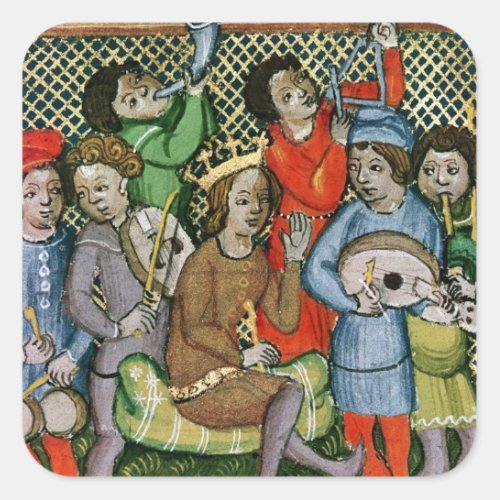 Seated crowned figure surrounded by musicians square sticker