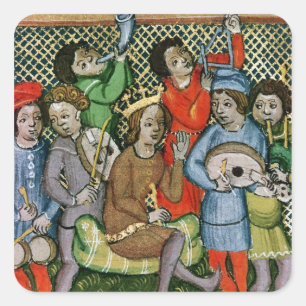 Seated crowned figure surrounded by musicians square sticker