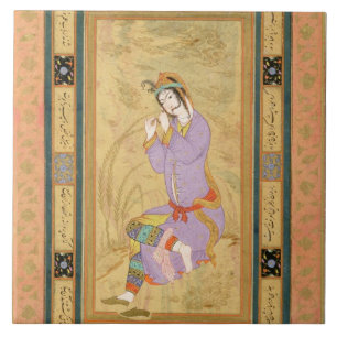 Seated girl curling her hair into ringlets, from t tile