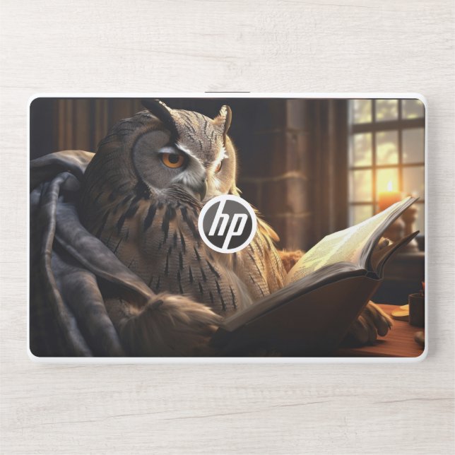 Seated owl reading a book HP laptop skin (Front)