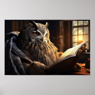 Seated owl reading a book poster