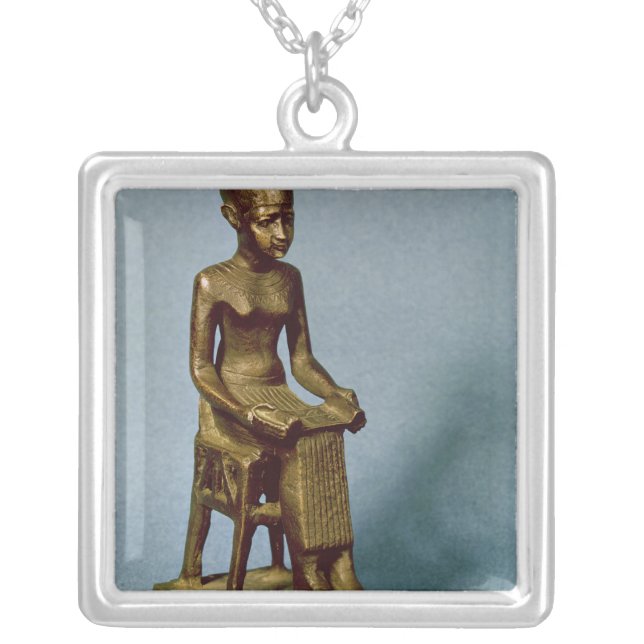 Seated statue of Imhotep  holding an open Silver Plated Necklace (Front)