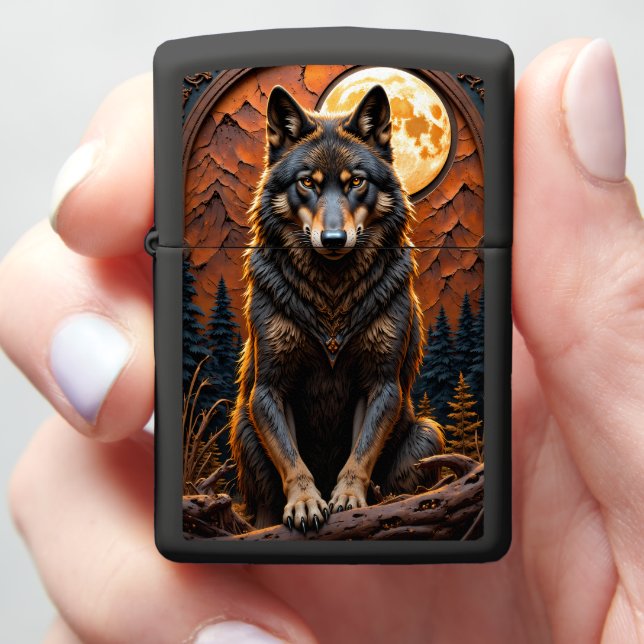 Seated Wolf Night Full Moon Zippo Lighter (In Hand)