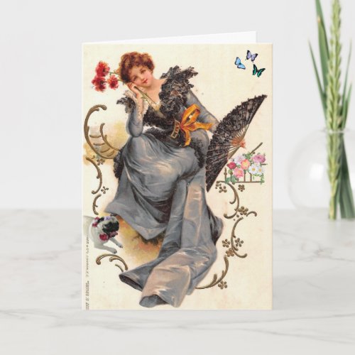 Seated Woman Dog Flowers Butterflies Birthday Card