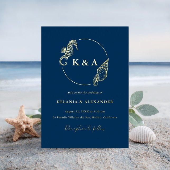 SEATERNAL Ocean Waves & Nautical Monogram Wedding Foil Invitation (Creator Uploaded)