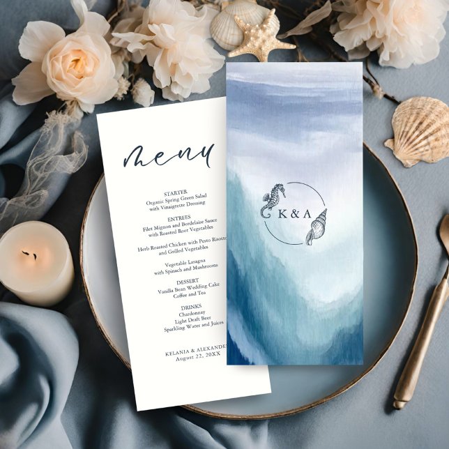 SEATERNAL Ocean Waves Nautical Monogram Wedding Menu (Creator Uploaded)