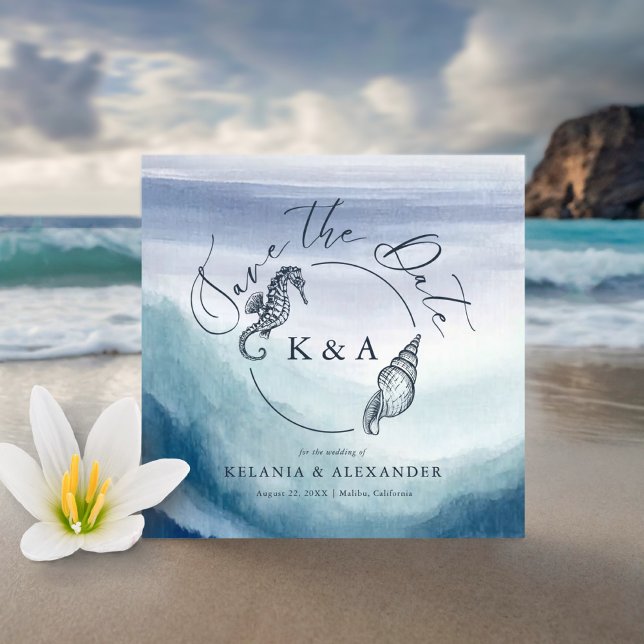 SEATERNAL Ocean Waves Nautical Monogram Wedding Save The Date (Creator Uploaded)