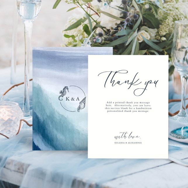 SEATERNAL Ocean Waves & Nautical Monogram Wedding Thank You Card (Creator Uploaded)