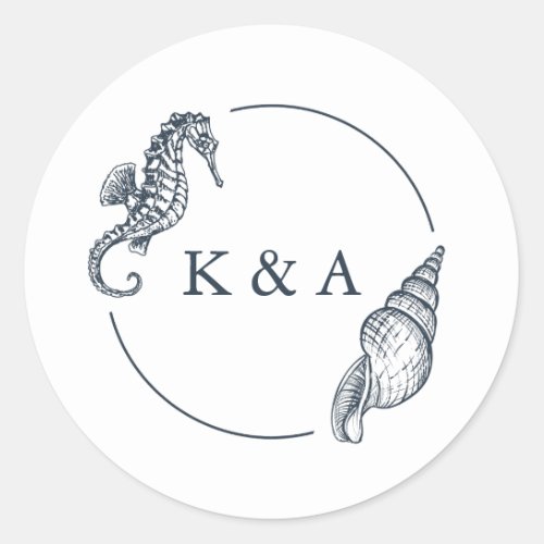SEATERNAL Seahorse  Sea Shell Wedding Monogram Classic Round Sticker