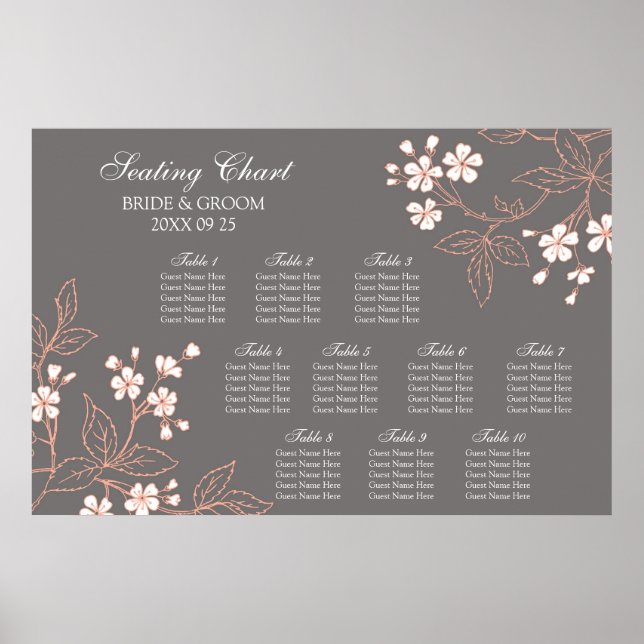 Seating Chart 10 Tables Grey Coral Floral (Front)