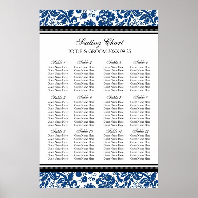 Seating Chart 12 Tables 96 Guest Blue Black Damask (Front)