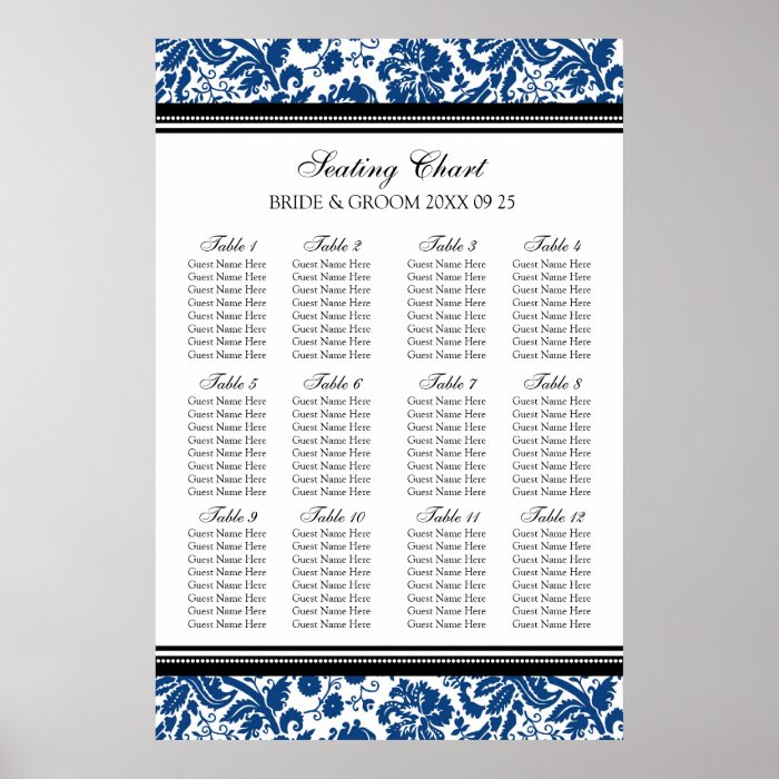 Seating Chart 12 Tables 96 Guest Blue Black Damask Posters