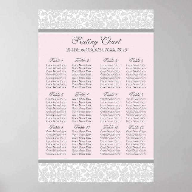 Seating Chart 12 Tables 96 Guests Pink Gray Damask (Front)