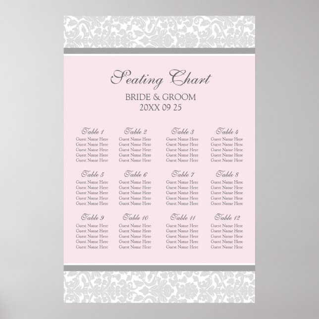 Seating Chart 12 Tables Pink Gray Damask (Front)