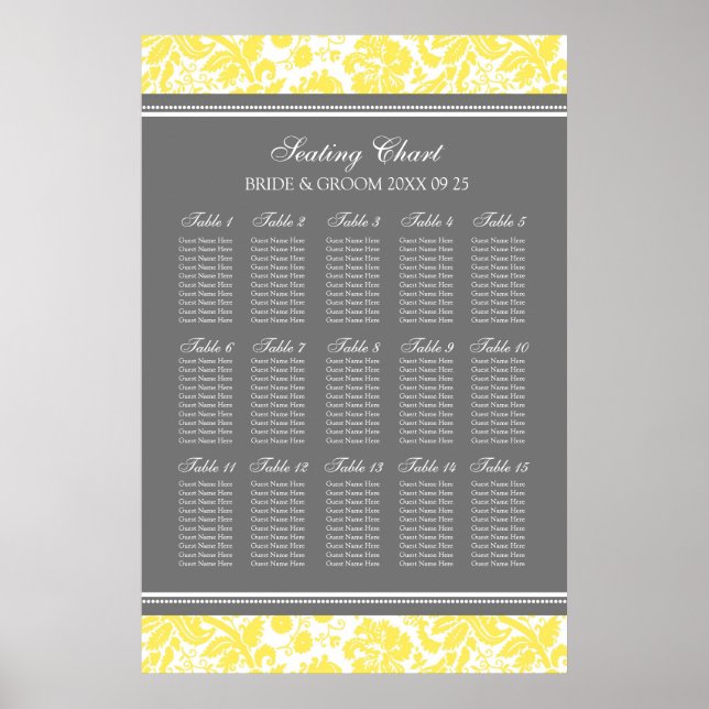 Seating Chart 15 Tables 150 Guest Yellow Damask (Front)