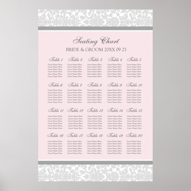 Seating Chart 20 Tables 120 Guest Pink Gray Damask (Front)